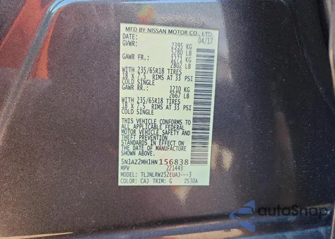 2017 Nissan Murano S z USA, uszkodzony, nr VIN 5N1AZ2MH1HN156838